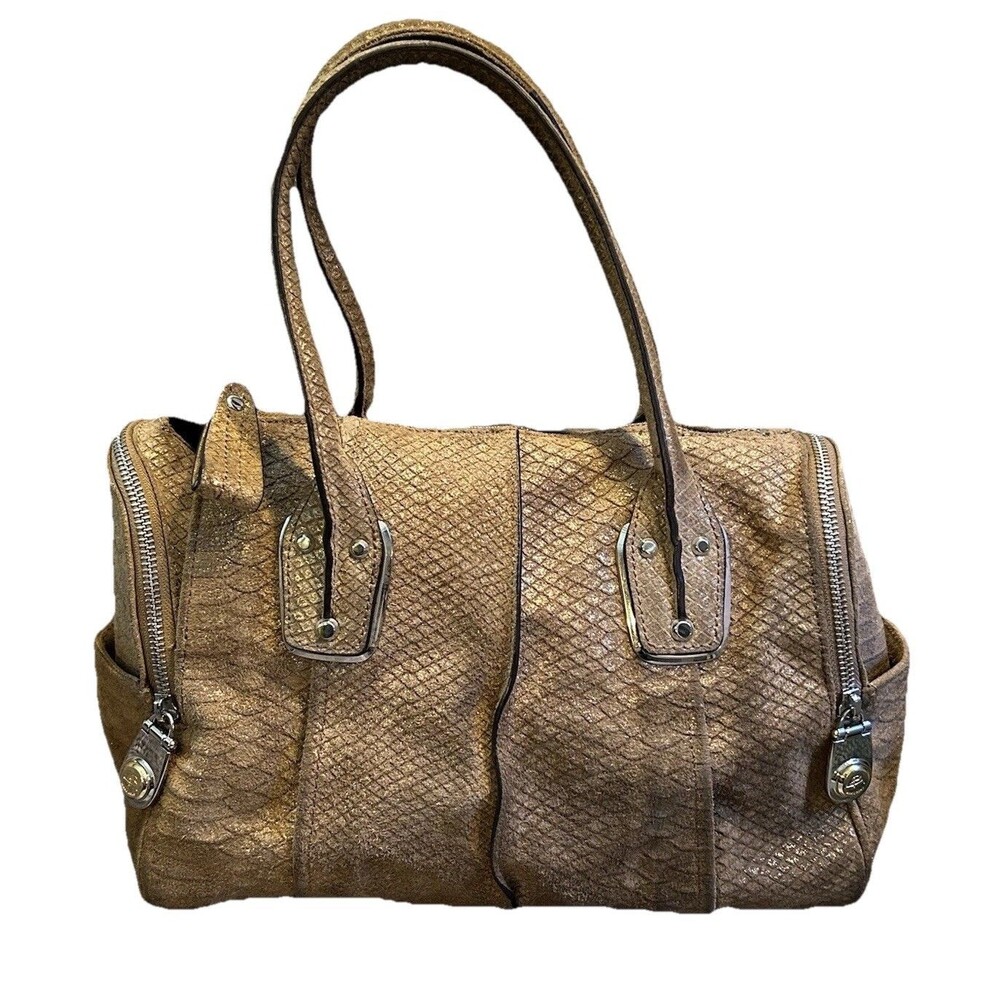 B. Makowsky Whitney Satchel Shimmer Snakeskin Embossed Tan Leather Double Handle